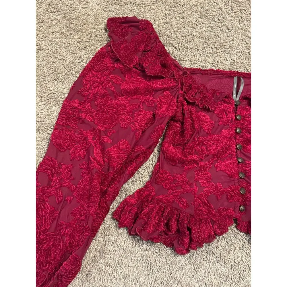 Anthropologie Red Velvet Burnout Peasant Blouse Romantic Cottagecore Top Sz S